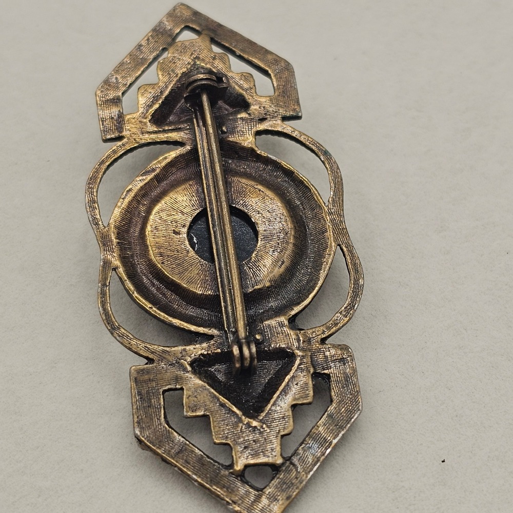 Art Deco Style Brooch Glass Cabochon Black Bronze Tone 2.75" Pin Geometric - Picture 4 of 9